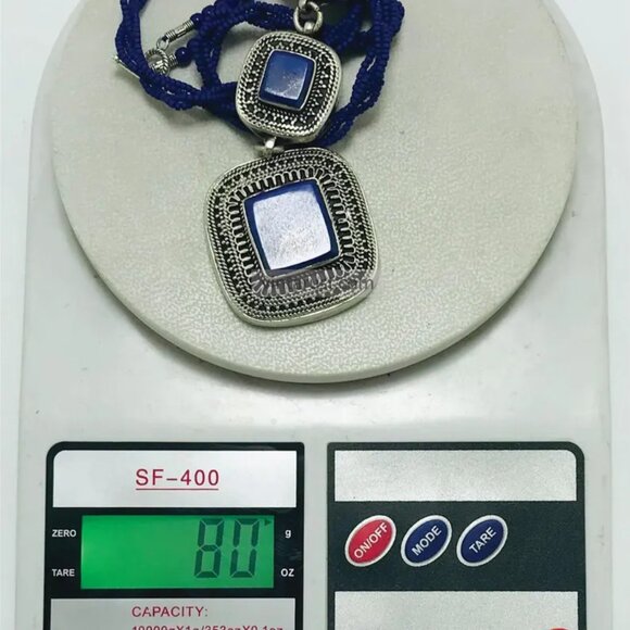 Beaded Chain Necklace with Triple Blue Square Pendants, Lapis Lazuli Stone - Picture 6 of 16